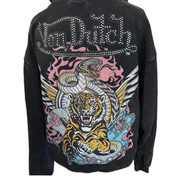 Von Dutch Rhinestone Full-zip Acid-washed Oversized Hoodie NWOT - Picture 5 of 6